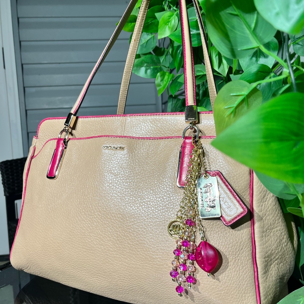 HOT Pink & Tan Leather Large Coach Purse W/Charm